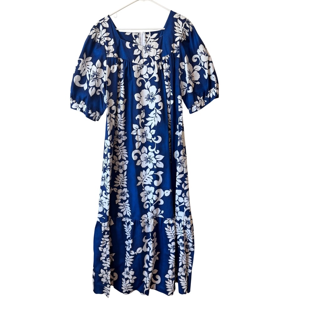 Royal Creations Hawaiian Muumuu Dress XL Blue White Hibiscus Floral Puff Sleeve